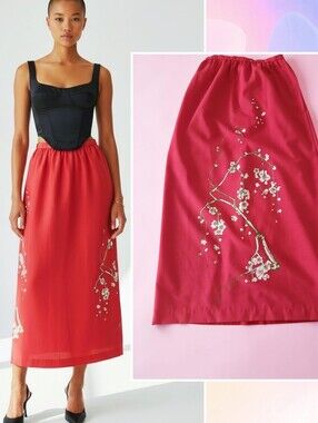 Unique Red Linen Maxi Skirt with Floral Cherry Blossom Branch Detail